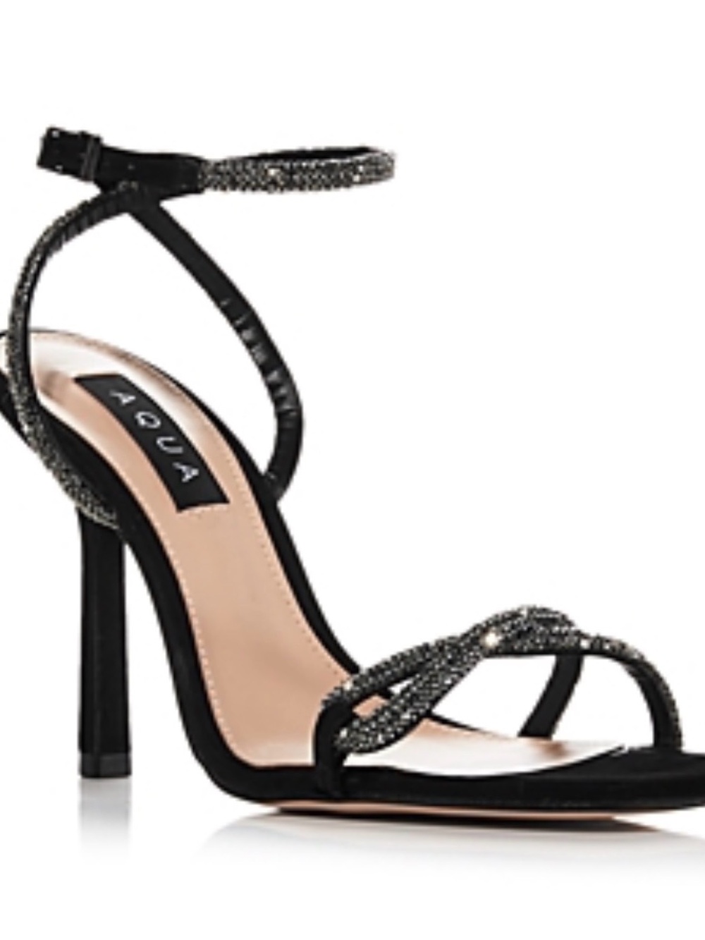 Aqua Black Crystal-Strap Heeled Sandals